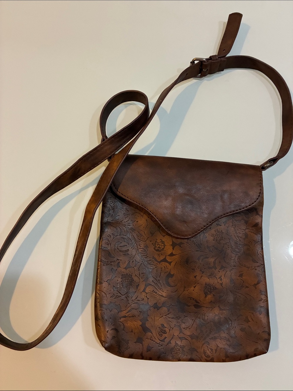Brown Floral Embossed Crossbody leather purse